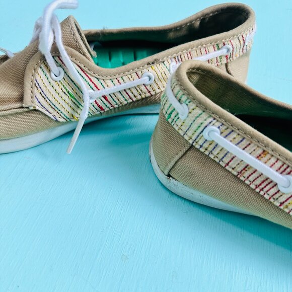 Van's Surf Siders Shoes Canvas Boat Shoes Tan Rainbow Stripes Women's Size 7.5 - Picture 4 of 6